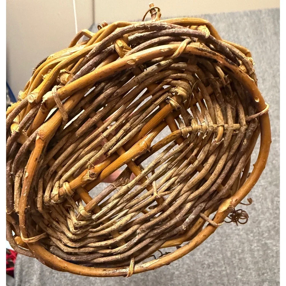 Small Rustic Grapevine Woven Basket w/ Handle and Plastic Liner Brown Farmhouse